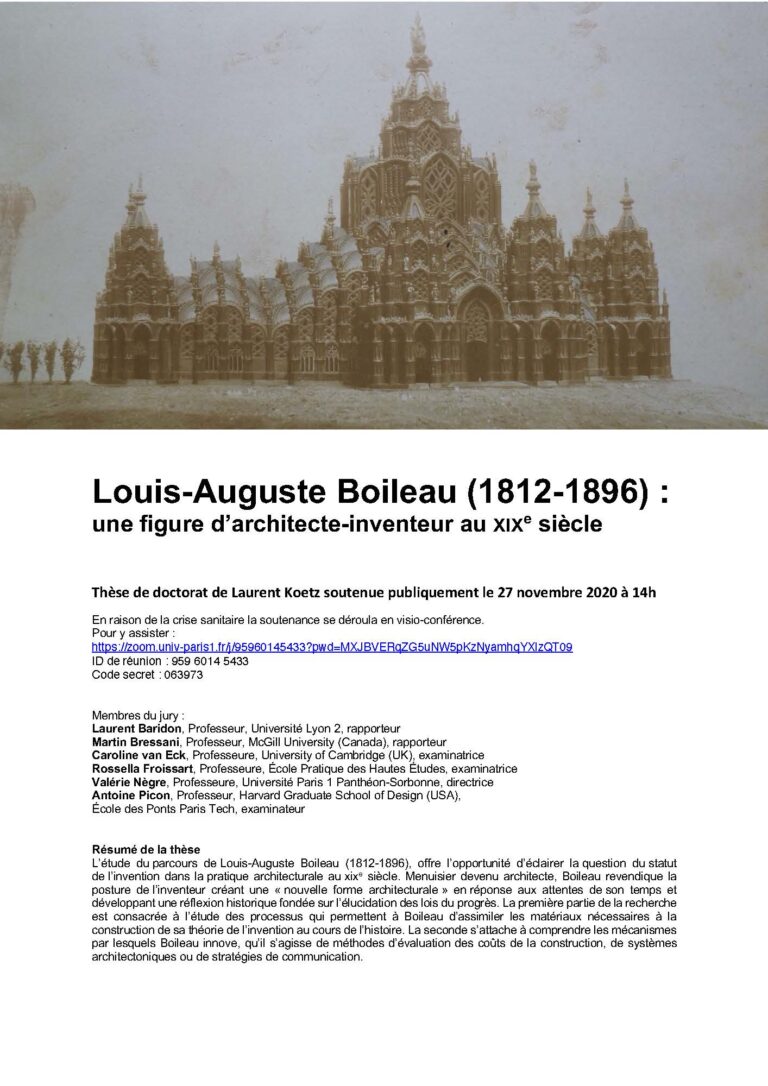 27/11/20 - Soutenance de thèse - "Louis-Auguste Boileau (1812-1896) : une figure d'architecte-inventeur au XIXe siècle"
